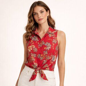 Silk Tie Front Floral Blouse Y2K Crop Boho Red August Silk